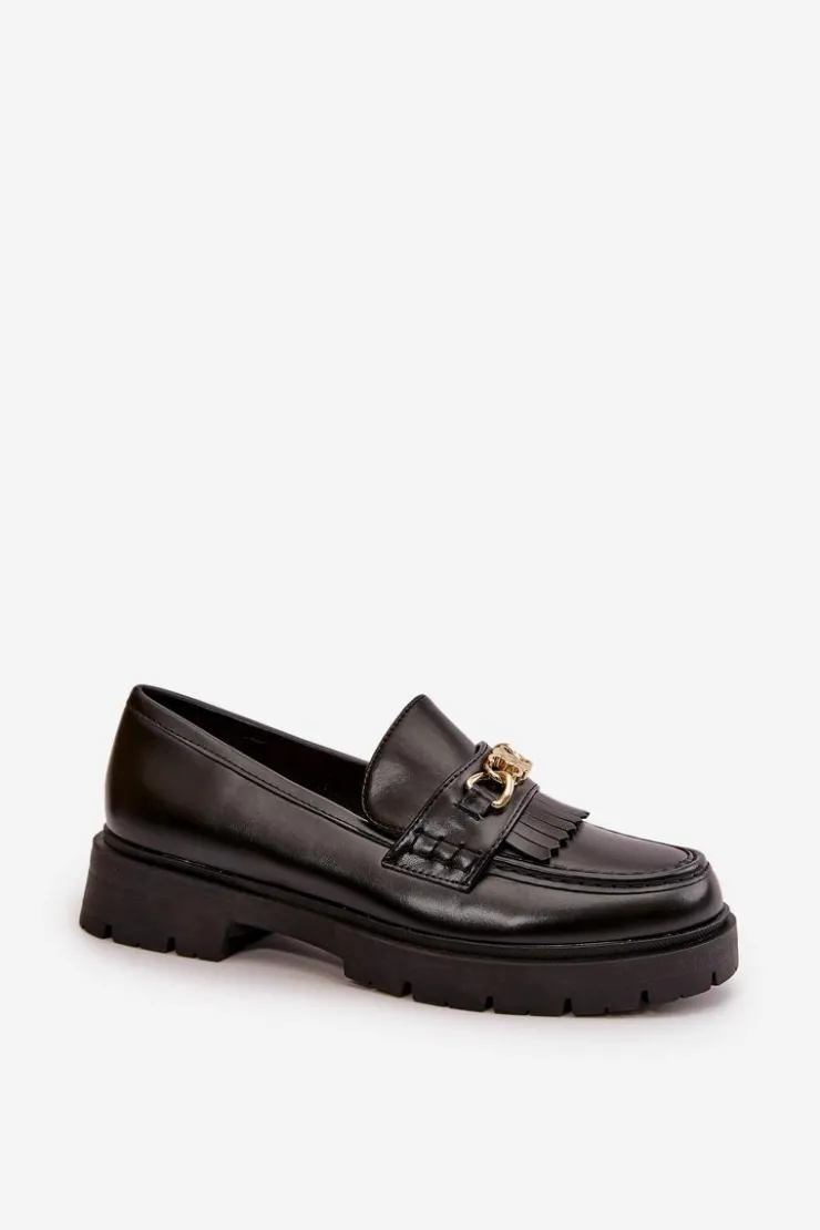 Damskie Boto Eko Skórzane Mokasyny Damskie Ze Złotą Ozdobą Czarne Zanita