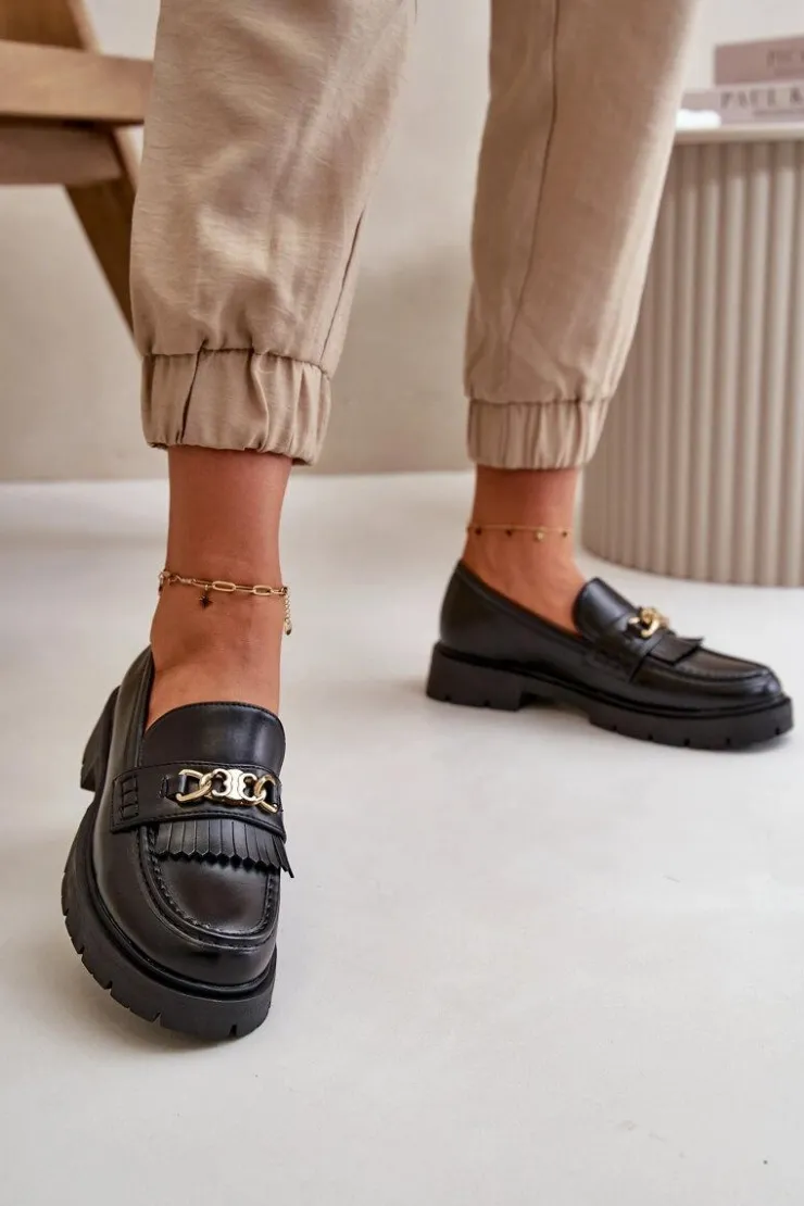 Damskie Boto Eko Skórzane Mokasyny Damskie Ze Złotą Ozdobą Czarne Zanita