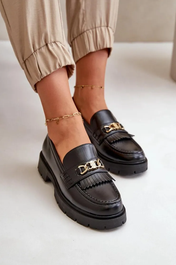 Damskie Boto Eko Skórzane Mokasyny Damskie Ze Złotą Ozdobą Czarne Zanita