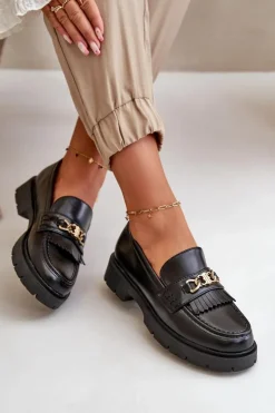 Damskie Boto Eko Skórzane Mokasyny Damskie Ze Złotą Ozdobą Czarne Zanita