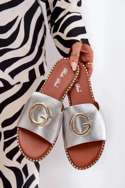 Sale Boto Eko Skórzane Płaskie Klapki Damskie Z Ozdobnym Detalem Srebrne Frelie Szary