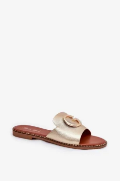 Clearance Boto Eko Skórzane Płaskie Klapki Damskie Z Ozdobnym Detalem Złote Frelie