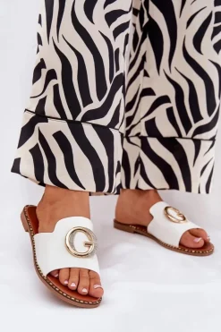 Best Boto Eko Skórzane Płaskie Klapki Damskie Z Ozdobnym Detalem Białe Frelie Biały