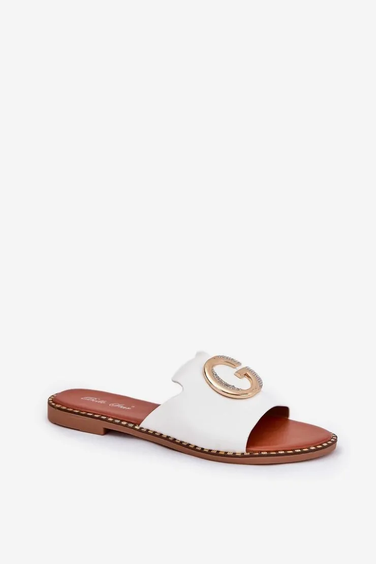 Best Boto Eko Skórzane Płaskie Klapki Damskie Z Ozdobnym Detalem Białe Frelie Biały