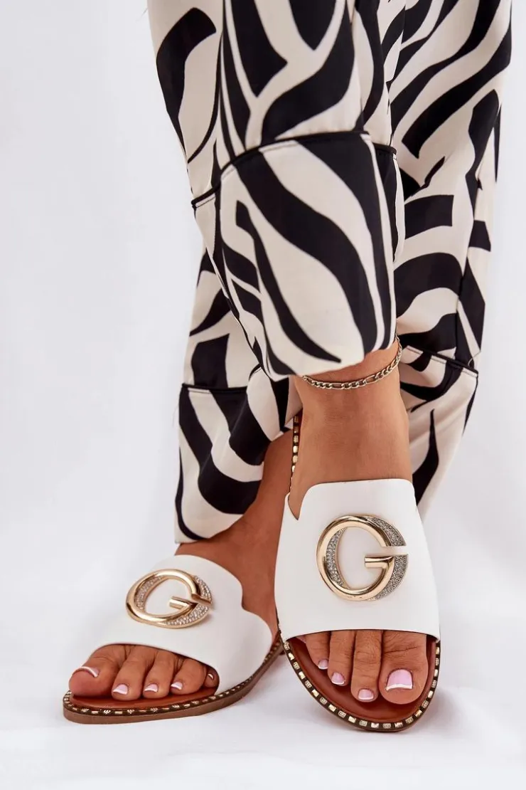 Best Boto Eko Skórzane Płaskie Klapki Damskie Z Ozdobnym Detalem Białe Frelie Biały