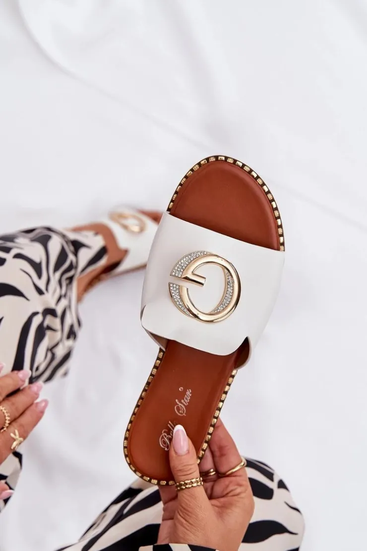 Best Boto Eko Skórzane Płaskie Klapki Damskie Z Ozdobnym Detalem Białe Frelie Biały