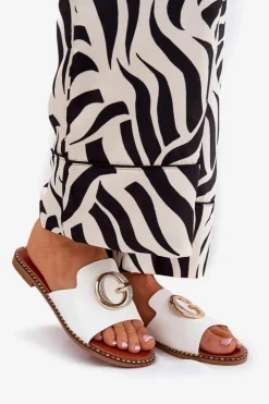 Best Boto Eko Skórzane Płaskie Klapki Damskie Z Ozdobnym Detalem Białe Frelie Biały