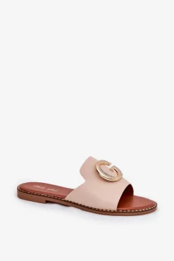 Damskie Boto Eko Skórzane Płaskie Klapki Damskie Z Ozdobnym Detalem Beżowe Frelie