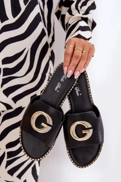 Boto Klapki Damskie Klasyczne*Eko Skórzane Płaskie Klapki Damskie Z Ozdobnym Detalem Czarne Frelie