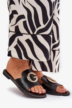 Boto Klapki Damskie Klasyczne*Eko Skórzane Płaskie Klapki Damskie Z Ozdobnym Detalem Czarne Frelie