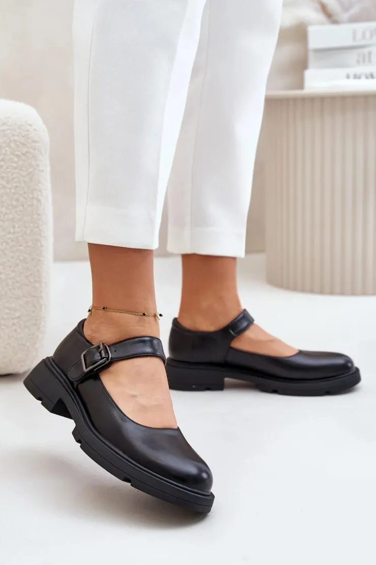 Boto Półbuty Lakierowane|Półbuty Skórzane*Eko Skórzane Półbuty Damskie Z Paskiem Czarne Vinceza 62179