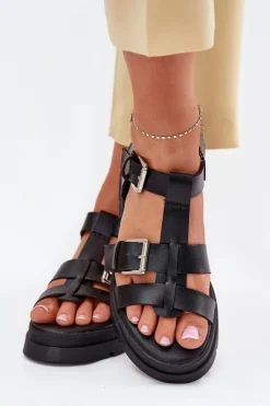 Discount Evento Eko Skórzane Sandały Damskie Z Klamrami Czarne Mireza