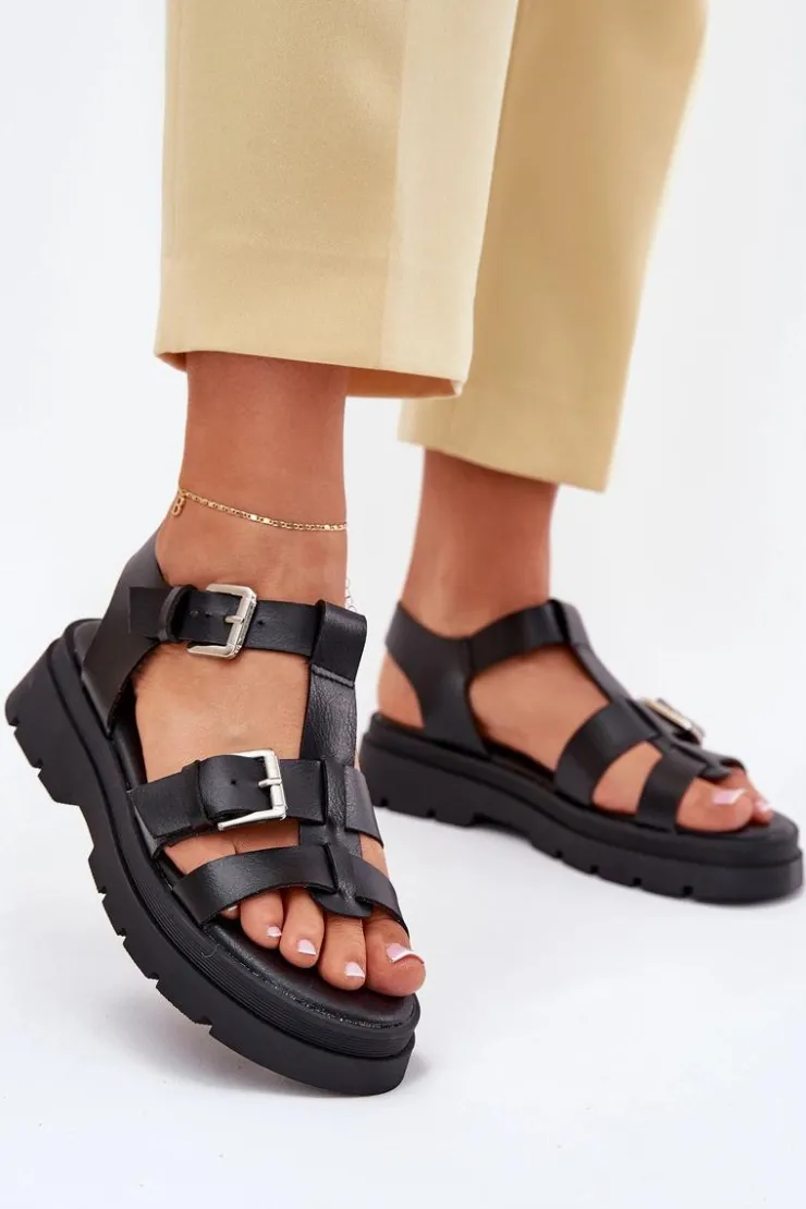 Discount Evento Eko Skórzane Sandały Damskie Z Klamrami Czarne Mireza