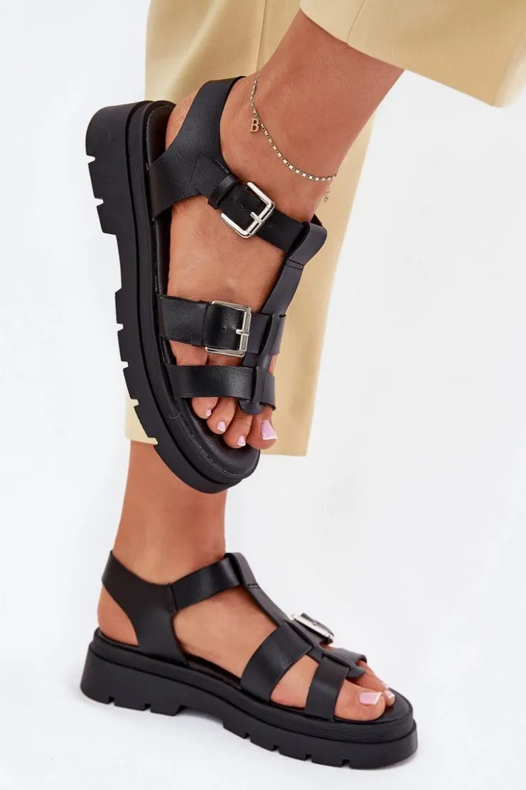 Discount Evento Eko Skórzane Sandały Damskie Z Klamrami Czarne Mireza