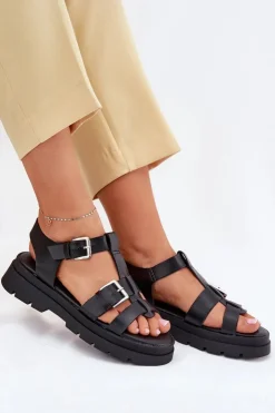 Discount Evento Eko Skórzane Sandały Damskie Z Klamrami Czarne Mireza