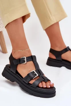 Discount Evento Eko Skórzane Sandały Damskie Z Klamrami Czarne Mireza