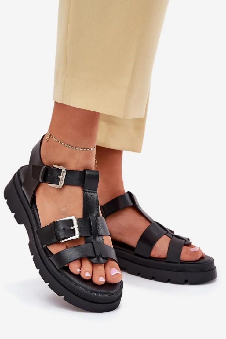 Discount Evento Eko Skórzane Sandały Damskie Z Klamrami Czarne Mireza