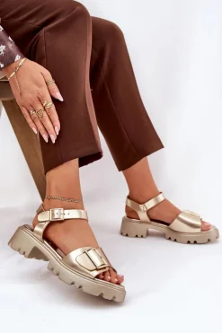 Boto Sandały Płaskie*Eko Skórzane Sandały Damskie Z Klamrą Złote Gofielle Złoty