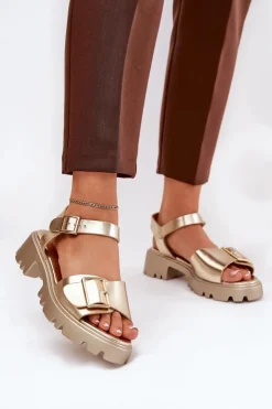 Boto Sandały Płaskie*Eko Skórzane Sandały Damskie Z Klamrą Złote Gofielle Złoty