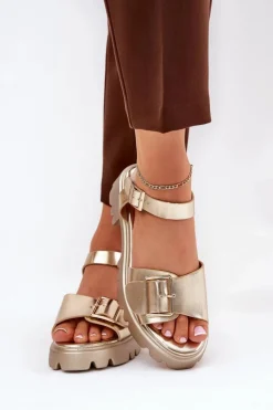 Boto Sandały Płaskie*Eko Skórzane Sandały Damskie Z Klamrą Złote Gofielle Złoty