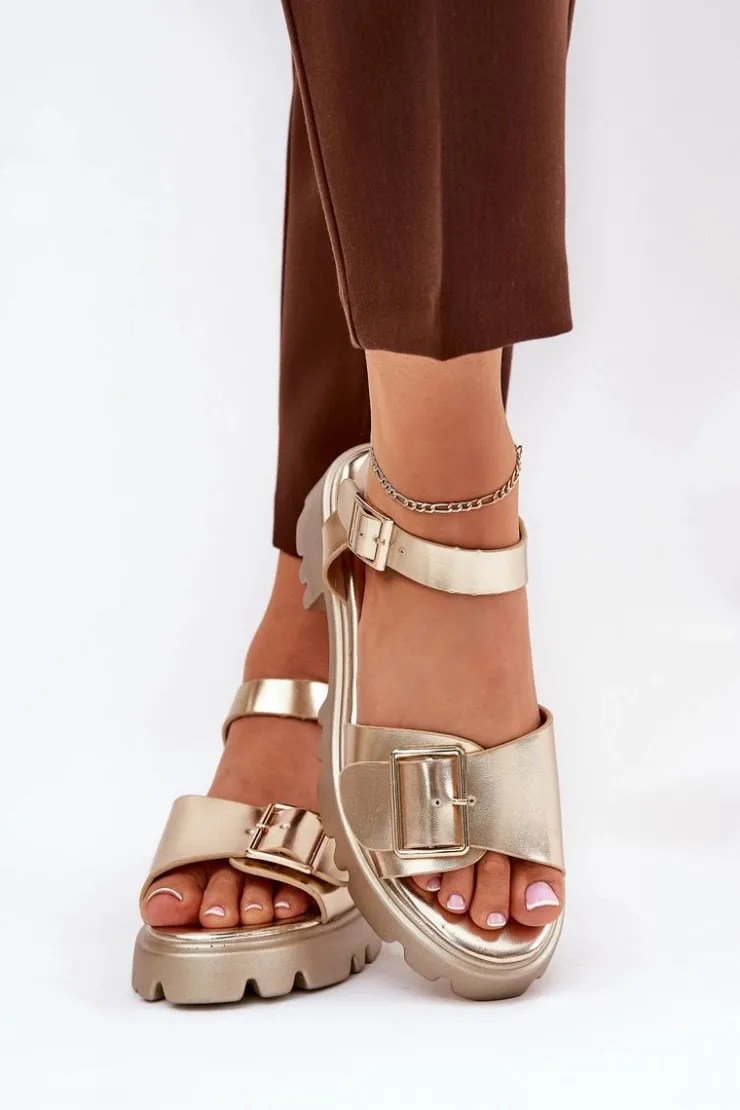 Boto Sandały Płaskie*Eko Skórzane Sandały Damskie Z Klamrą Złote Gofielle Złoty