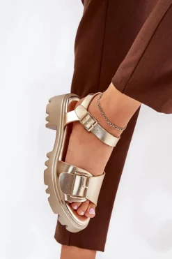 Boto Sandały Płaskie*Eko Skórzane Sandały Damskie Z Klamrą Złote Gofielle Złoty