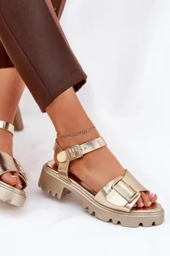 Boto Sandały Płaskie*Eko Skórzane Sandały Damskie Z Klamrą Złote Gofielle Złoty