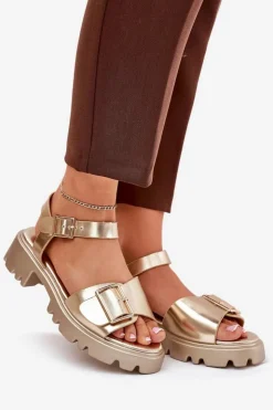 Boto Sandały Płaskie*Eko Skórzane Sandały Damskie Z Klamrą Złote Gofielle Złoty