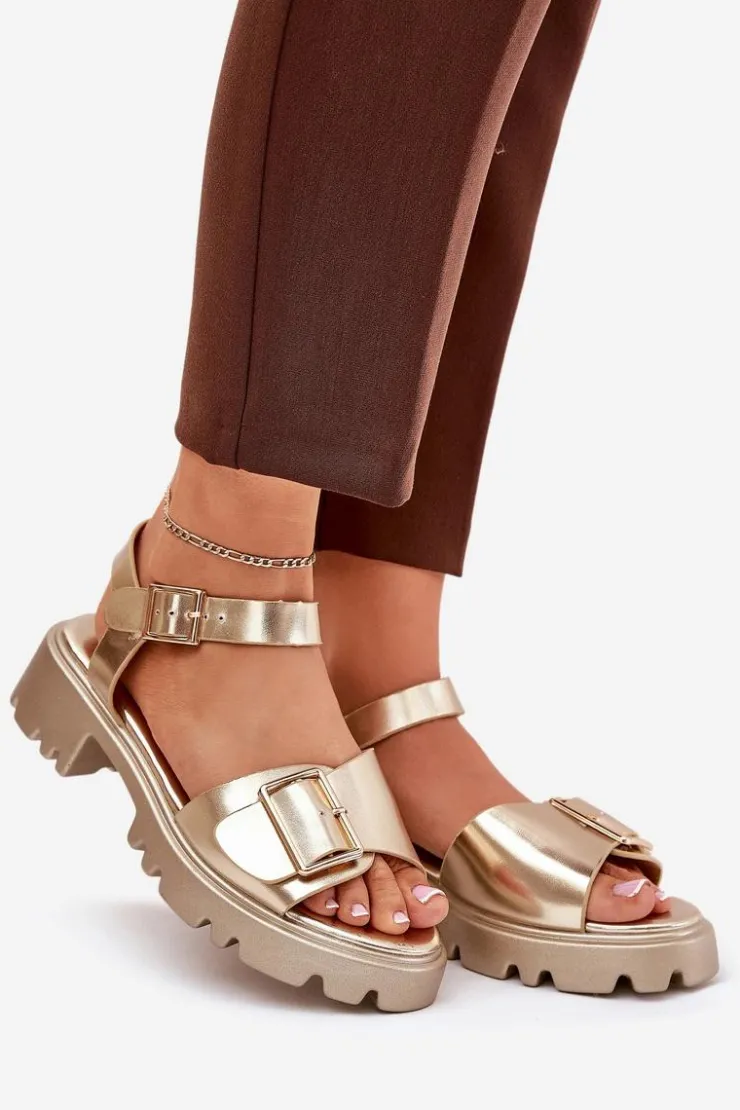 Boto Sandały Płaskie*Eko Skórzane Sandały Damskie Z Klamrą Złote Gofielle Złoty