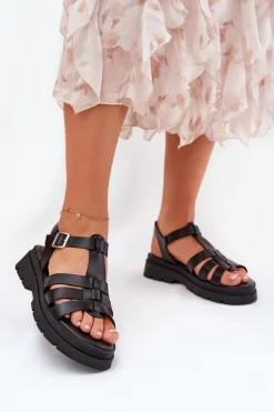 Damskie Boto Eko Skórzane Sandały Damskie Na Platformie Czarne Nendales