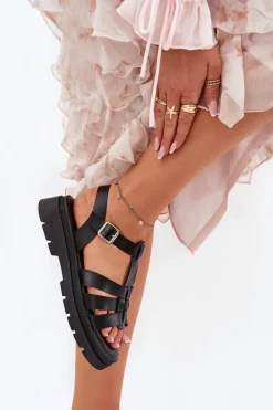 Damskie Boto Eko Skórzane Sandały Damskie Na Platformie Czarne Nendales