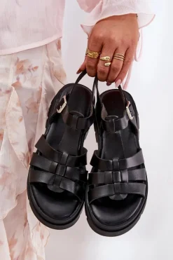 Damskie Boto Eko Skórzane Sandały Damskie Na Platformie Czarne Nendales