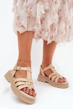 Boto Sandały Płaskie*Eko Skórzane Sandały Damskie Na Platformie Beżowe Nendales Beżowy