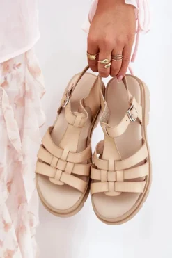 Boto Sandały Płaskie*Eko Skórzane Sandały Damskie Na Platformie Beżowe Nendales Beżowy