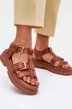 Damskie Evento Eko Skórzane Sandały Damskie Z Klamrami Camel Mireza