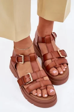 Damskie Evento Eko Skórzane Sandały Damskie Z Klamrami Camel Mireza