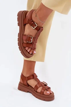 Damskie Evento Eko Skórzane Sandały Damskie Z Klamrami Camel Mireza