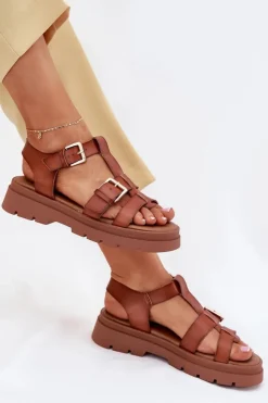 Damskie Evento Eko Skórzane Sandały Damskie Z Klamrami Camel Mireza