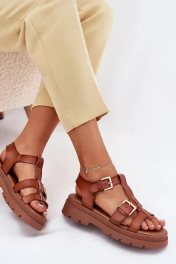Damskie Evento Eko Skórzane Sandały Damskie Z Klamrami Camel Mireza