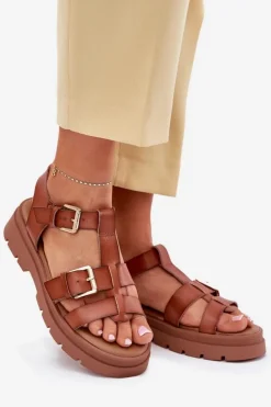 Damskie Evento Eko Skórzane Sandały Damskie Z Klamrami Camel Mireza