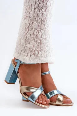 Best Boto Eko Skórzane Sandały Na Obcasie Słupku Niebiesko-Złote Abilica Niebieski