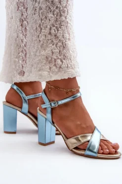 Best Boto Eko Skórzane Sandały Na Obcasie Słupku Niebiesko-Złote Abilica Niebieski