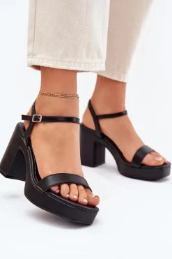 Damskie Boto Eko Skórzane Sandały Na Słupku Czarne Lillita