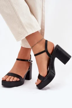 Damskie Boto Eko Skórzane Sandały Na Słupku Czarne Lillita