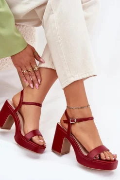 Boto Sandały Na Słupku|Sandały Na Obcasie*Eko Skórzane Sandały Na Słupku Bordowe Lillita Czerwony