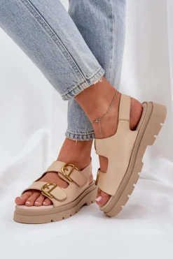 Damskie Boto Eko Skórzane Sandały Z Klamrami Beżowe Vulinea