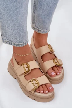 Damskie Boto Eko Skórzane Sandały Z Klamrami Beżowe Vulinea