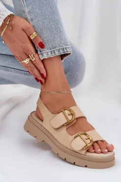 Damskie Boto Eko Skórzane Sandały Z Klamrami Beżowe Vulinea