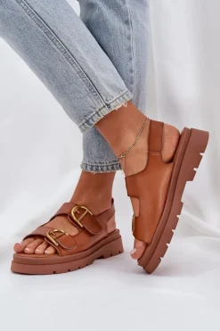 Boto Sandały Płaskie*Eko Skórzane Sandały Z Klamrami Camel Vulinea