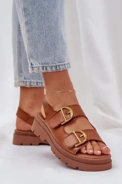 Boto Sandały Płaskie*Eko Skórzane Sandały Z Klamrami Camel Vulinea